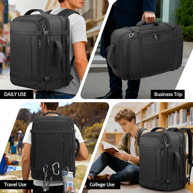 Ample Space Travel Backpack with LifetimeWarranty,Expandable Carry on Backpack with USB Cable Port,Fits 17.3"Laptop Notebook,Water Resistant Weekender Backpack Business Trips,Daily Travel,Black