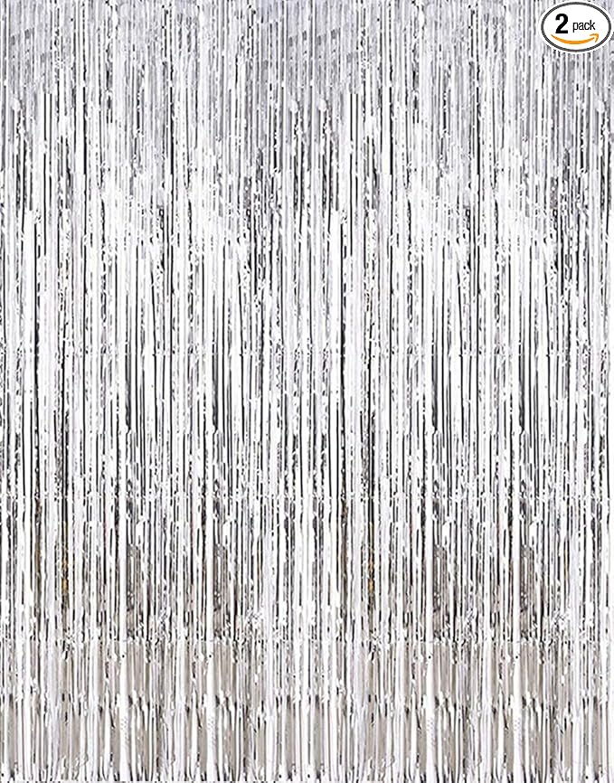 2 Pcs 3.2ft x 8.2ft Shiny Silver Metallic Tinsel Foil Fringe Curtains Photo Booth Backdrop for Birthday Wedding Bridal Shower Holiday Celebration Bachelorette Party Decorations