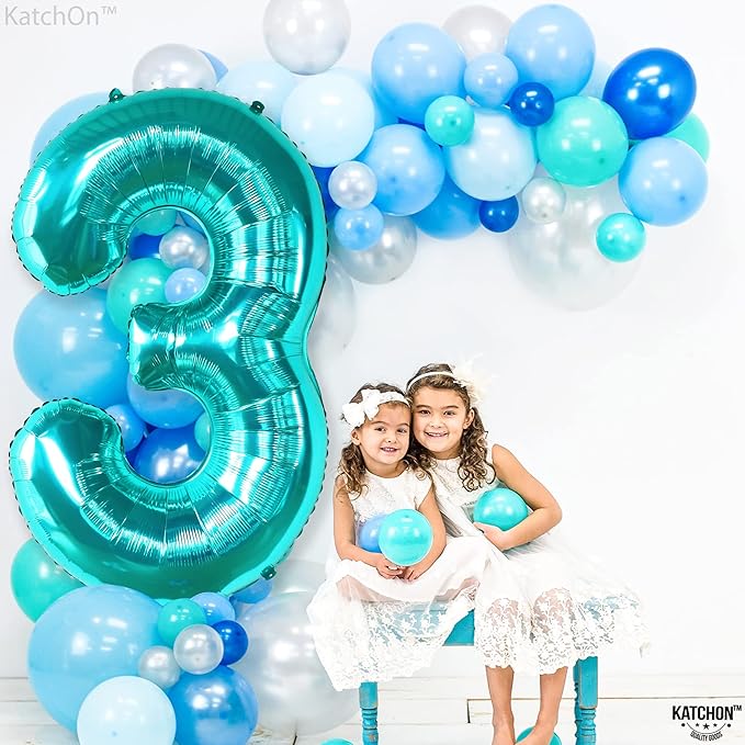 KatchOn, Teal Number 3 Balloon - Large, 40 Inch | Teal Blue 3 Balloon Number, Mermaid 3rd Birthday Decorations | Mermaid Birthday Decorations, Under The Sea Party Decorations