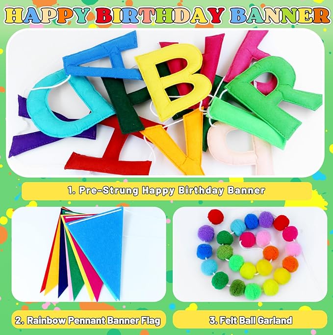 Happy Birthday Banner Decorations - Pre-Strung 3D Felt HAPPY BIRTHDAY Sign for Party Decor | Rainbow Reusable Happy Birthday Garland, Ball, Pennant Flag (1-Rainbow)