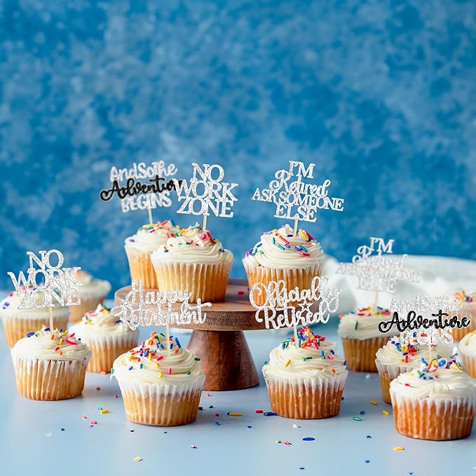 Gyufise 30Pcs Happy Retirement Cupcake Toppers Officially Retired No Work Zone Adventure Begins Cupcake Picks for Retirement Theme Farewell Birthday Party Cake Decorations Supplies Silver