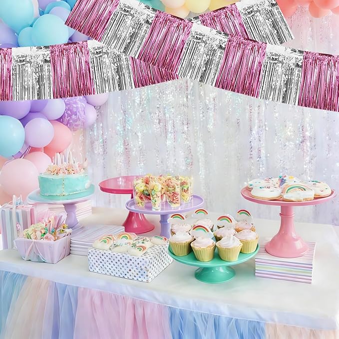 BEISHIDA 3 Packs Metallic Foil Fringe Garland Pink Silver Wall Hanging Tinsel Fringe Banners for Car Floats Birthday Baby Bridal Shower Wedding Graduation Holiday Party Decoration(30 Feet)