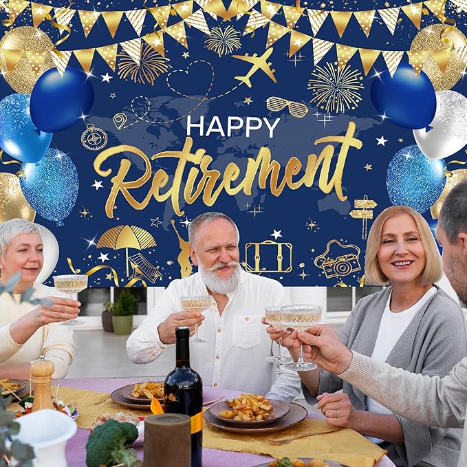 Mocsicka Retirement Party Decorations Blue and Gold Happy Retirement Backdrop Banner Retired Party Decorations Photo Booth Props (Blue Gold, 180x110cm)