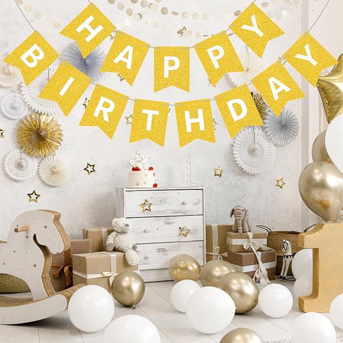 Gold Happy Birthday Banner Sign for Backdrop Gold Happy Birthday Decorations for Women Men Kids Golden Party Banner Garland Wall Door Bunting Flag