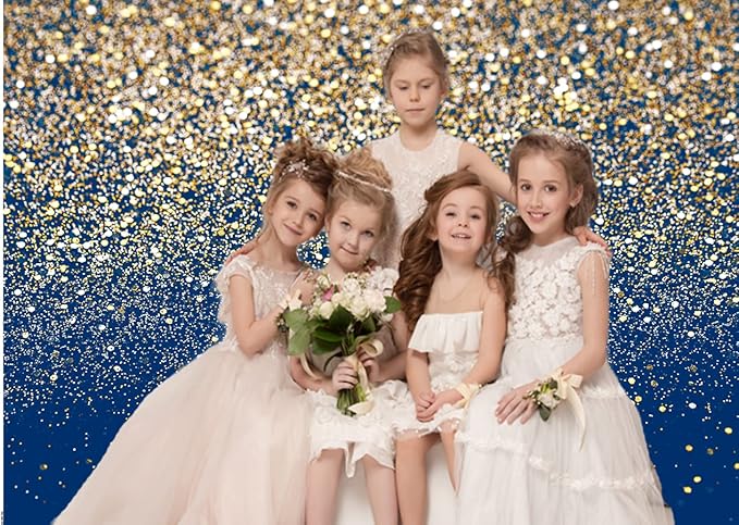 CHAIYA 8X6FT Royal Blue Glitter Backdrop With Gold Spots Bokeh for Birthday, Wedding, Prom, Graduation Photography Background
