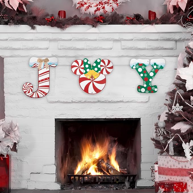 Christmas Joy Door Sign Decorations, Wooden Wall Hanging Sign Décor for Christmas Party Supplies, Peppermint Wood Mouse Shaped Decorative Xmas Home Porch Plaques Ornaments Indoor and Outdoor (JOY)