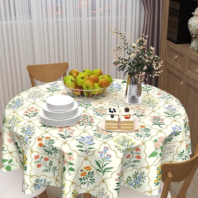 Spring Floral Round Tablecloth Wildflower Circle Table Cloth 60 Inch Beige Vintage Rustic Farmhouse Table Cover Washable Polyester Indoor for Home Kitchen Dinning Party Decor