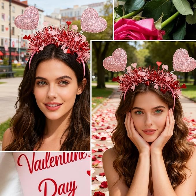 1pcs Valentines Headband Romantic Heart Headbands with Pink Sequin Hair Accessories Shiny Pink Heart Tassel Head Bopper for Valentines Wedding Anniversary Decorations