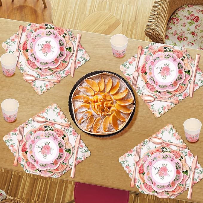 175PCS Tea Party Decorations, Floral Party Supplies, Bridal Shower Paper Plates, Floral Plates and Napkins Sets for Baby Shower, Brial Shower, Wedding, Serves 25 Guest