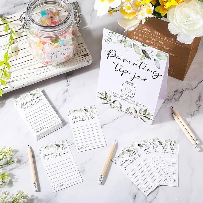 Roowest Baby Shower to Baby Advice Cards for New Parents to Be - Tip Jar Sign for New Parents 60 Parenting Advice Cards 10 HB Pencils 2 Cute Stickers 1 Pet Bottle for Guests Games(Leaf)
