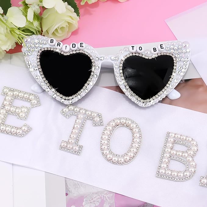 Bride to Be Sunglasses & Bride to Be Sash Set - White Satin Sash with Rhinestone Lettering & Pearl-Embellished Sunglasses for Bachelorette Party, Bridal Shower & Wedding Celebrations