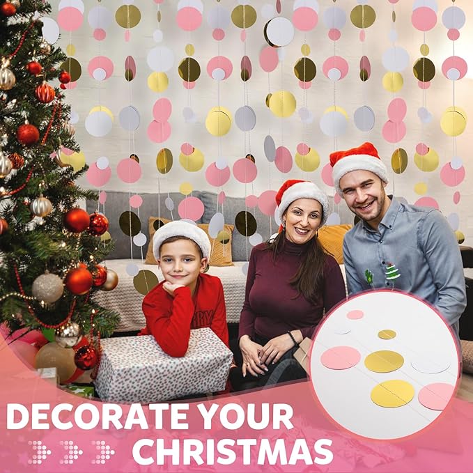 52FT Party Garlands, Paper Garland Circle Dots, Hanging Circle Banner Decorations for Birthday, Party, Wedding, Baby Shower, Graduations, Christmas, Wall Decor (Gold White Red Pink Garlands)