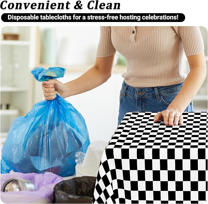 12Pack Table Cloth Rectangle Table, 54" x 108" Plastic Tablecloth, Black and White Checkered Table Covers, Waterproof Disposable Table Cloth for Outdoor Picnic Indoor Birthday Party Supplies Dinner