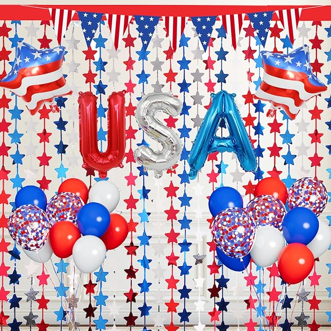 Red White and Blue Balloons Party Decorations with Patriotic Theme Foil Fringe Curtain for Graduation Party Supplies Nautical Veterans Memorial Day 4th of July Balloon Arch Decorations