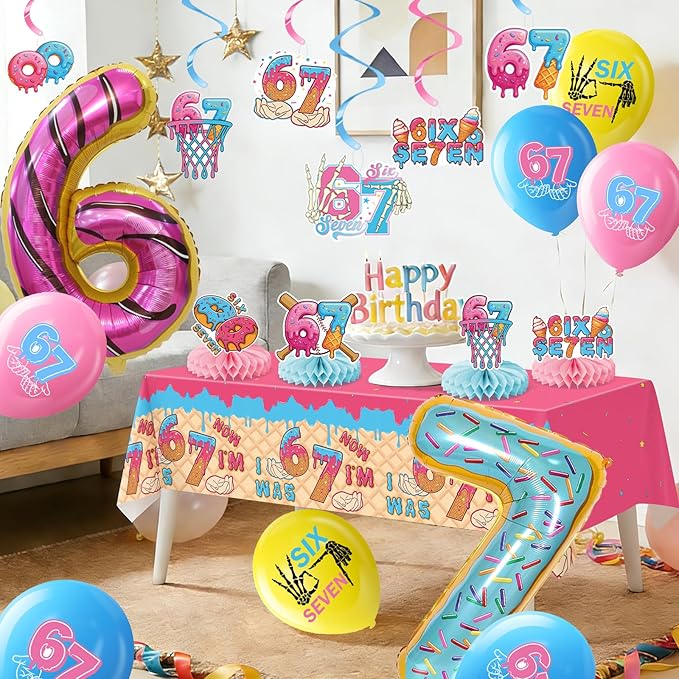 6 7 Themed Birthday Party Decorations, 6 7 Meme Decorations, Includes Foil Balloon, Banner, Hanging Swirls, Latex Balloons, Tables Centerpieces, Tablecloth for Six Seven Kids Boy Girl