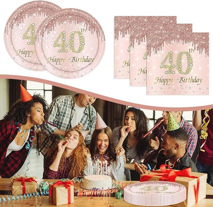 40th Rose Gold Birthday Plates and Napkins, 9 Inch Pink Rose Gold Disposable Dinner Dessert Plates Happy 40th Birthday Party Supplies Decorations for Girls Women