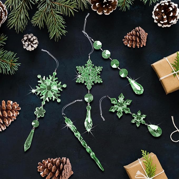 18pcs Crystal Christmas Ornaments for Christmas Tree Decorations-Green Hanging Acrylic Snowflake and Icicle Ornaments with Drop Pendants for New Year Party Decorations Supplies
