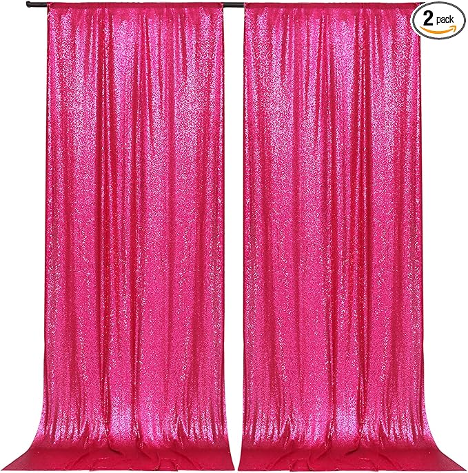 PartyDelight Hot Pink Sequin Backdrop 5x10ft 2 Panels - High Density 3mm Shimmer Sequin Background with 4-Inch Rod Pocket, Sparkly Photography Curtain for Wedding, Stage & Event Decor