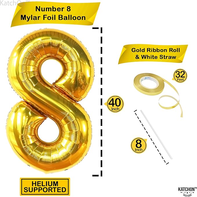 KatchOn, Giant Gold Number 8 Balloon - 40 Inch | Golden 8 Balloon for Golden 8th Birthday Decorations for Girls | 8th Birthday Decorations Boy | Number Balloons for Anniversary Party