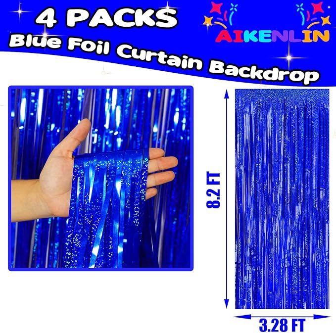 4 Pack 3.2Ft x 8.2Ft Blue Foil Fringe Curtain Backdrop, Metallic Tinsel Foil Fringe Streamers Curtains Background for Photo Booth, Birthday, Wedding, Disco, Bachelorette, Christmas Party Decoration