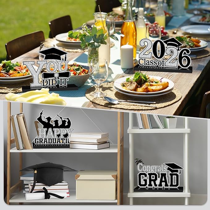 4Pcs Graduation Decorations Class of 2026 Wood Table Centerpieces Congrats Grad Wooden Sign Graduation Table Toppers Congratulate Tiered Tray Decor for 2026 Graduation Party(Black-Silver)