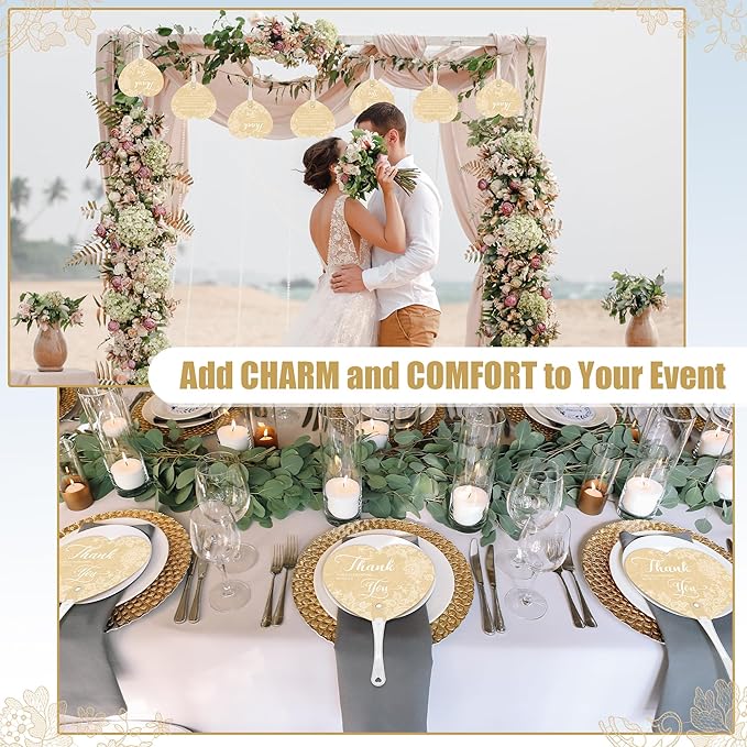 Aneco 120 Pieces Wedding Hand Plastic Fans with Wedding Table Sign Handheld Plastic Fan with Handle for Guests Bulk Wedding Hand Fans for Wedding Ceremony Bridal Shower, White Lace