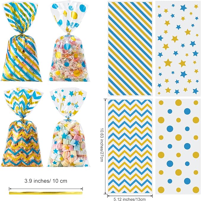 Aegero 120 Pack Blue/Gold (wave dots/ wave stripes /diagonal stripes/Star Printed)Cellophane Treat Bags,10.63 x 5.12 Inch Plastic Candy Goodies Bags with 140 Pcs Twists for Valentine,Birthday,Bakery,Wedding,Gift Cookie Snack Packing,Party Favor Supplies
