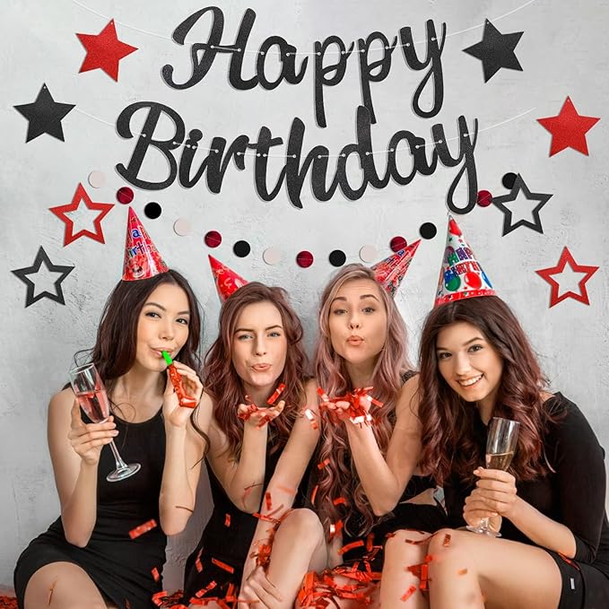 Pre-Strung Happy Birthday Banner, NO DIY Birthday Decorations with Circle Dot Garland，Happy Birthday Party Decorations for Women Men Girls Boys (Red Black)