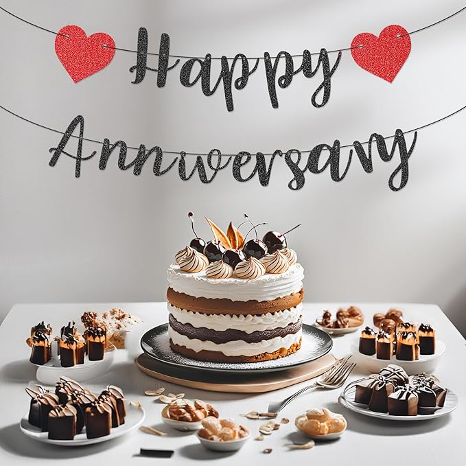 Happy Anniversary Banner, Pre-Strung Party Signs Decorations Glitter Banner for Couple Lovers Weeding Anniverniversary Party Decorations (Black)