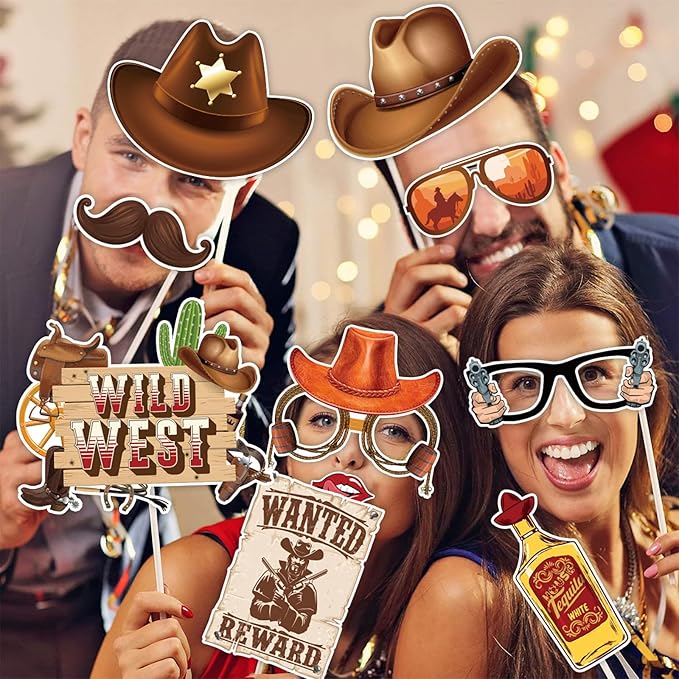 30 Pieces Western Cowboy Cowgirl Photo Booth Props Wild West Themed Party Decoration Rodeo Party Decorations with Wanted Sign for Country Party Bachelorette Rustic Party Supplies(Brown)