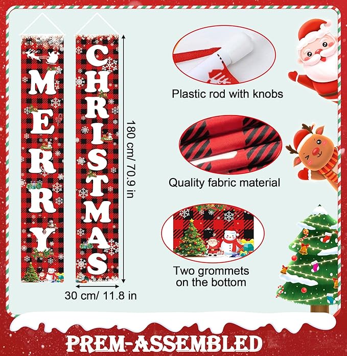 Fecedy MERRY CHRISTMAS Hanging Banner Porch Sign & Christmas Stree Snow Pattern Backdrop for Home Yard Indoor Outdoor Wall Door Party Decorations 72"x12"