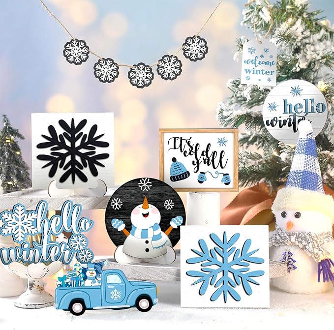 Winter Tiered Tray Decor Winter Snowman and Snowflakes Wooden Signs Farmhouse Tiered Tray Decorations Set Wood Table Decor for Holiday Home Kitchen(Retro Style)