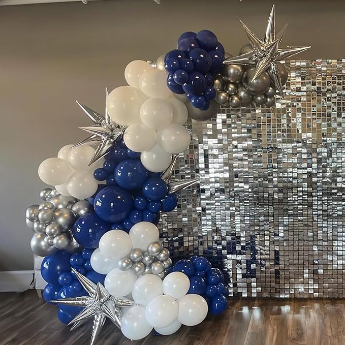 Blue Silver Balloon Garland Arch Kit, Navy Blue White Balloon Arch Kit, Metallic Silver Confetti Balloons Star Foil Balloons for Graduation Birthday Wedding Baby Shower Eid Ramadan Party Decorations