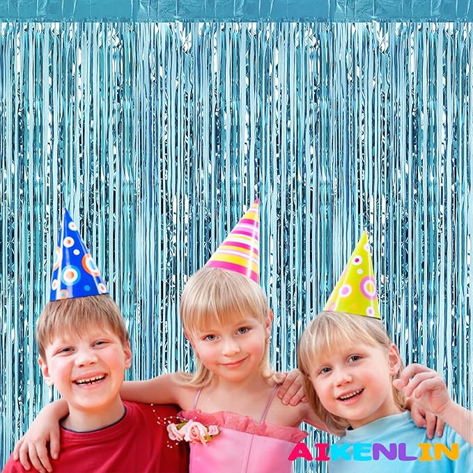 4 Pack 3.3Ft x 6.6Ft Light Blue Foil Fringe Curtain Backdrop, Metallic Tinsel Foil Fringe Streamers Curtains Background for Photo Booth, Birthday, Wedding, Halloween, Christmas Party Decoration