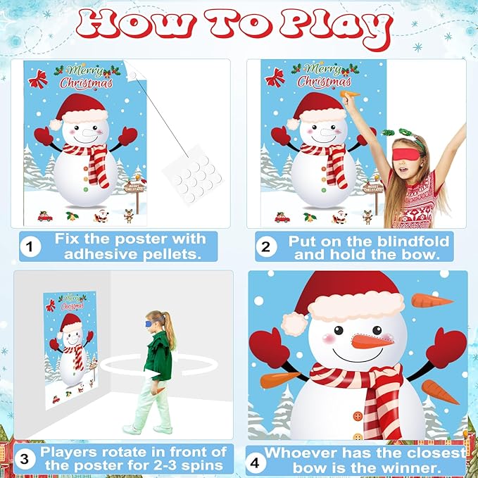 WNINK Pin The Nose on The Snowman Game, Christmas Games, Christmas Party Activities with 36 pcs Nose Stickers and Blindfold for Kids, Adults, Family Holiday Fun