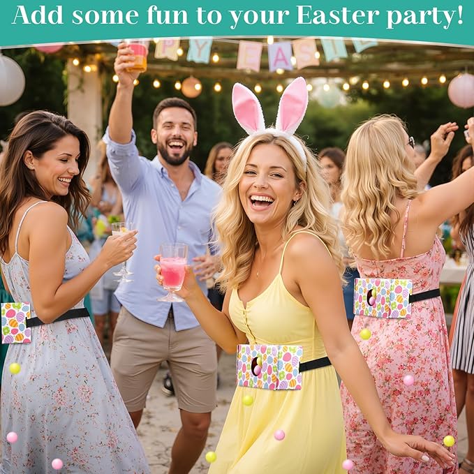 4 Sets Easter Party Games Swing Shaking Balls Game Colorful Egg Novelty Twerk Game with 4 Adjustable Belts and 80 Balls for Adults Garden Outdoor Indoor Group Holiday