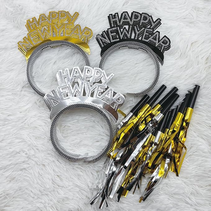 24 Pieces New Years Eve Party Supplies 2026,Happy New Year Headband Tiara,Metallic Fringed Noise Makers Gold Sliver for Kids and Adults