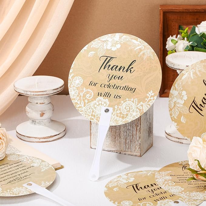 100 Pcs Wedding Hand Fans for Guests Bulk Decorative Plastic Handheld Wedding Favor Fans with Handle Thank You for Celebrating with Us for Ceremony Bridal Shower Party Decor(Lace)