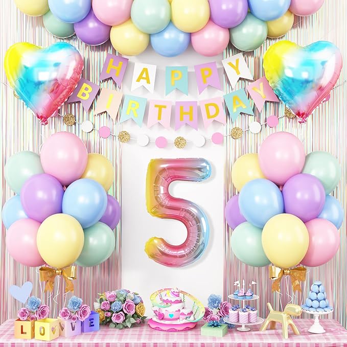 5th Birthday Decorations Rainbow,Gradient Number 5 Balloon,Pastel Happy Birthday Banner Fringe Curtain Heart Foil Balloons Boys Girls 5 Year Old Decor