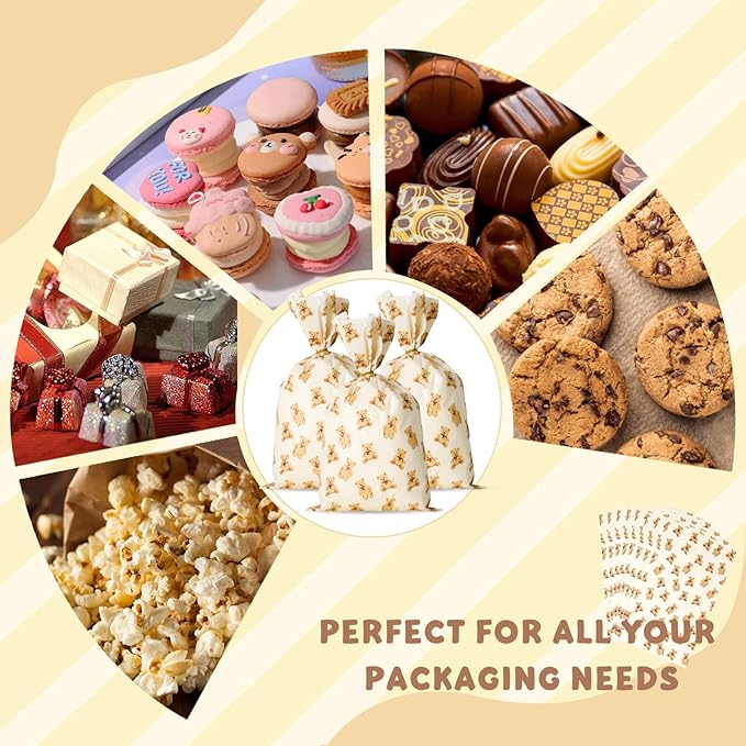 Docvania Bear Cellophane Treat Bags Plastic Gift Bag 100 pcs 7 X 12 Bear Cookie Bags with Ties Goodie Candy Bag Suitable for Mother's Day, Valentine's Day, and Holiday Parties