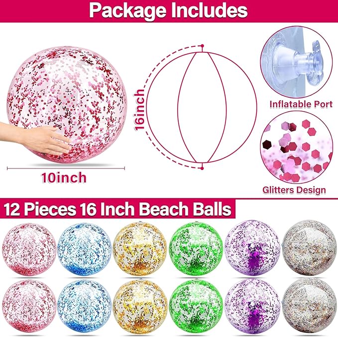 12 Pack Inflatable Beach Balls Bulk - 16" Glitter Pool Toys Balls for Summer Beach Pool Party, Swimming Pool Game Water Beach Toys Party Favor Summer Luau Decoration Essential Blow Up Beach Ball