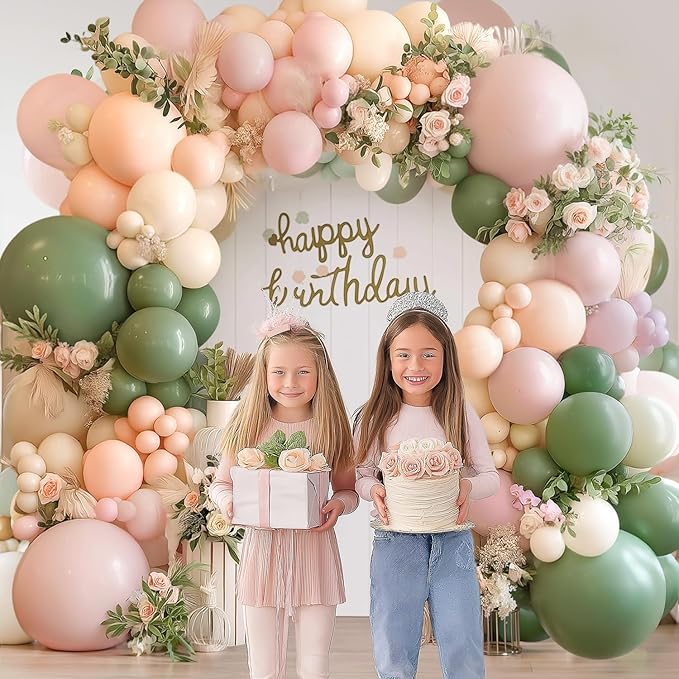 Pink and Green Neutral Balloon Arch Kit, Pink White Green Balloon Garland with Mixed Size Sage Green Pastel Pink Sand White Light Orange Balloons for Wedding Birthday Party Bridal Shower Decorations