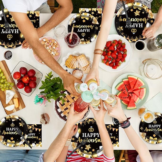 chiazllta 96 Pcs Anniversary Party Paper Plate and Napkins Gold Black Disposable Tableware Wedding Anniversary Party Supplies for 40th 50th 60th Wedding Favors 24 Guests