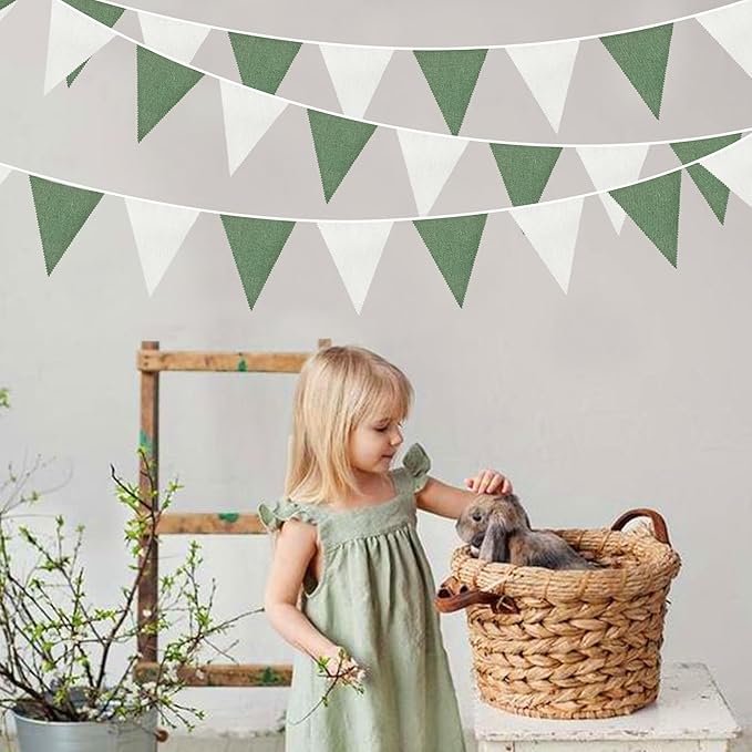 46Ft Green White Party Decorations Sage Green White Burlap Banner Triangle Pennant Flag Linen Bunting Garland Streamers for Jungle Safari Birthday Wedding Golf Baby Shower Summer Party Decorations