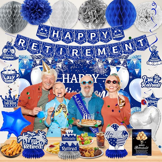 Happy Retirement Party Decorations for Men Women Blue Silver Happys Retirements Decorations Happy Retirements Banner Backdrop Card Retirement Sash Hanging Swirls Foil Balloons Honeycomb Centerpieces