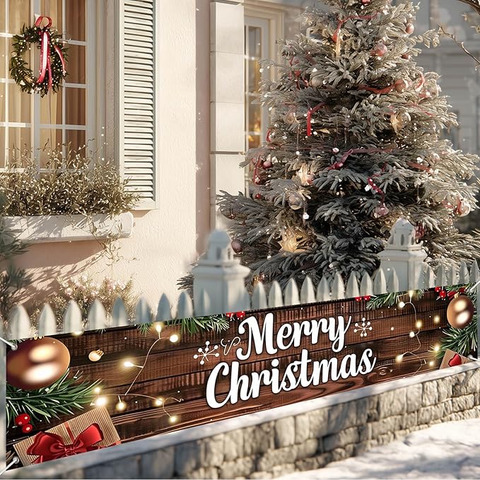 Merry Christmas Decorations Banner 118x20 Inch Polyester Fabric Tree Branches Presents s for Indoor Outdoor Garden Fence Outdoor Porch sign Party Supplies Banners