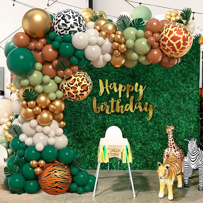 Safari Balloon Garland Arch Kit, JOGAMS 163Pack Jungle Balloon Arch with Sage Green Brown Animal Printed Balloons Leaves for Safari Wild One Jungle Theme Birthday Baby Shower Decorations for Boy