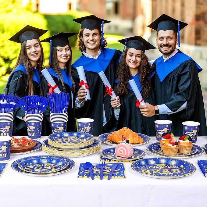 175PCS Graduation Plates and Napkins Set 2026 Graduation Party Supplies Tableware Set Include Paper Plate Napkin Cup Knife Fork Spoon for Grad Party Decor Serve25 (Blue and Gold)