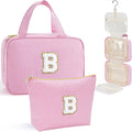 YOOLIFE Hanging Toiletry Bag for Women - Bridesmaid Gifts, Bridesmaid Proposal Gift Wedding Day, Bridal Shower Gifts, Cruise Ship Essentials, Letter B, Pink