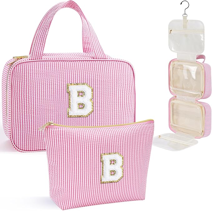 YOOLIFE Hanging Toiletry Bag for Women - Bridesmaid Gifts, Bridesmaid Proposal Gift Wedding Day, Bridal Shower Gifts, Cruise Ship Essentials, Letter B, Pink